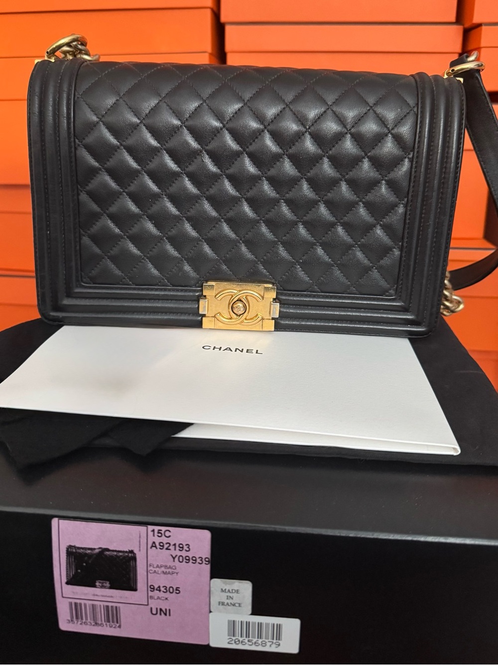 CHANEL Black Quilted Boy Shoulder Bag with Gold Hardware